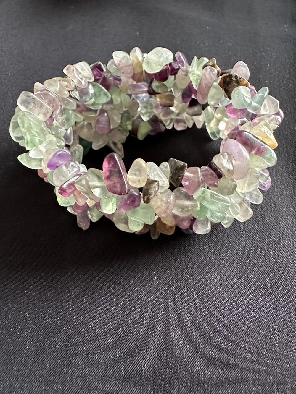 Fluorite EUC genuine gemstone stretch bracelet. Fits most wrists. Appx. 1” width - Picture 2 of 4